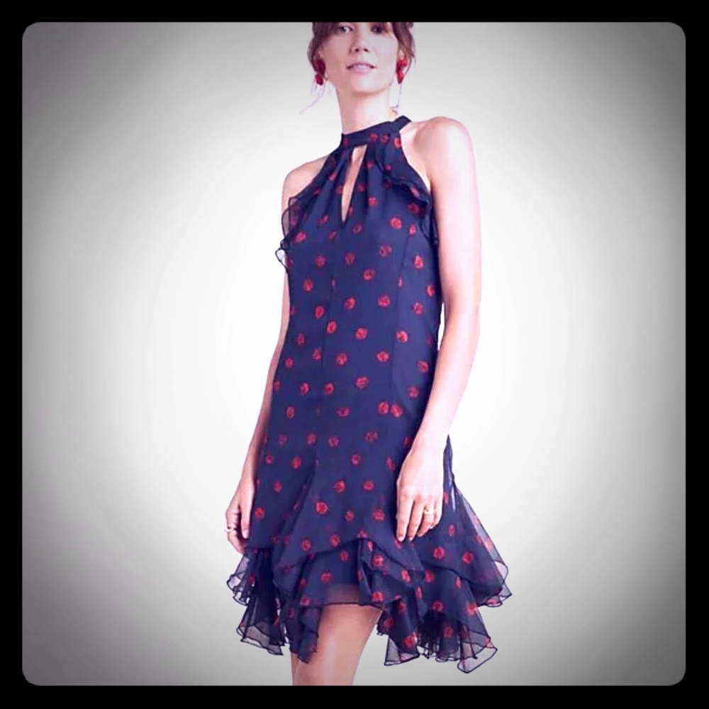 Anthropologie Orleans Ruffled halter black polka dot Dress by Eva Franco. Large